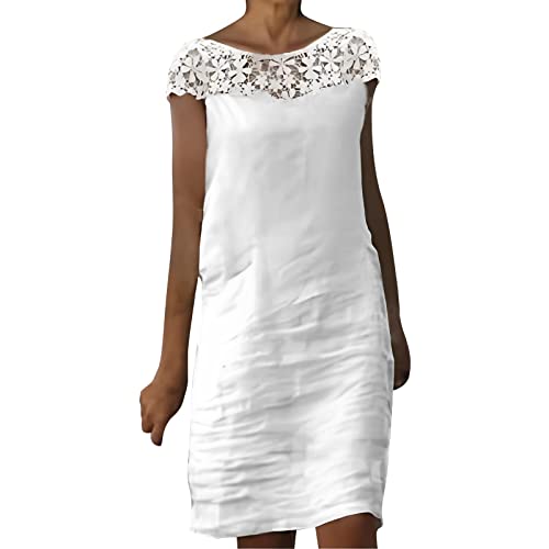 Sunnyuk Leinenkleid Damen Sommer Midi Halbarm Musselin Leinen Kleid Linen Dress Sommer Elegant Freizeitkleid V-Ausschnitt Knielang Strandkleid Leinen Leichte Tunika Sommerkleid Lässig Einfarbig von Sunnyuk