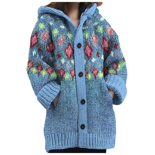 Sunnyuk Norweger Strickjacke Damen Winter Grobstrick mit Kapuze Cardigan - Alpaka Bunt Lang Strickpullover Kapuzenjacke Knöpfen Mohair Jacquard Sweatshirt Warm von Sunnyuk