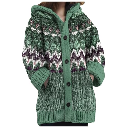 Sunnyuk Norweger Jacke Damen Wolle, Norweger Strickjacke Damen Winter Grobstrick mit Kapuze Cardigan - Alpaka Bunt Lang Strickpullover Kapuzenjacke Knöpfen Mohair Jacquard Sweatshirt Warm von Sunnyuk