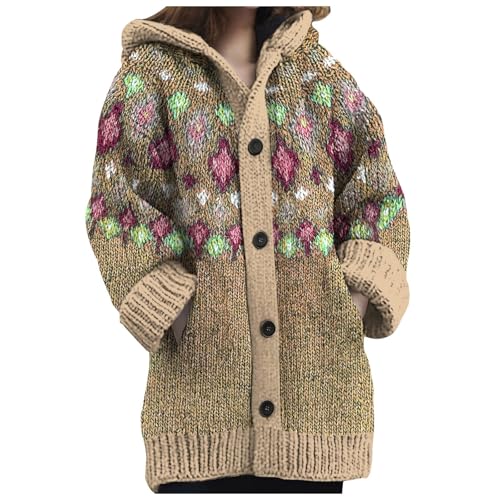 Sunnyuk Norweger Pullover Damen Wolle, Norweger Strickjacke Damen Winter Grobstrick mit Kapuze Cardigan - Alpaka Bunt Lang Strickpullover Kapuzenjacke Knöpfen Mohair Jacquard Sweatshirt Warm von Sunnyuk
