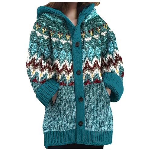 Sunnyuk Norweger Pullover Damen alpaka, Norweger Strickjacke Damen Winter Grobstrick mit Kapuze Cardigan - Alpaka Bunt Lang Strickpullover Kapuzenjacke Knöpfen Mohair Jacquard Sweatshirt Warm von Sunnyuk