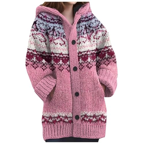 Sunnyuk Norweger Strickjacke Damen Winter, Norweger Strickjacke Damen Winter Grobstrick mit Kapuze Cardigan - Alpaka Bunt Lang Strickpullover Kapuzenjacke Knöpfen Mohair Jacquard Sweatshirt Warm von Sunnyuk