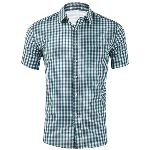 Sunnyuk Oktoberfest Hemd Herren, Trachtenhemd Herren Kurzarm Kariertes - Herrenhemden Slim Fit Grün Trachten Hemd Button Up Karohemd Freizeithemd Festival Oktoberfest Outfit von Sunnyuk