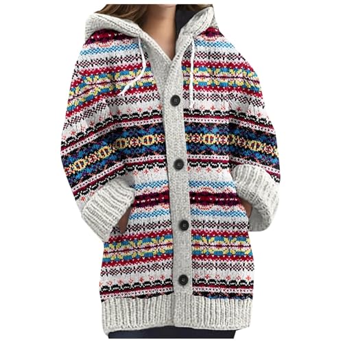 Sunnyuk Norweger Strickjacke Damen Winter Grobstrick mit Kapuze Cardigan - Alpaka Bunt Lang Strickpullover Kapuzenjacke Knöpfen Mohair Jacquard Sweatshirt Warm von Sunnyuk