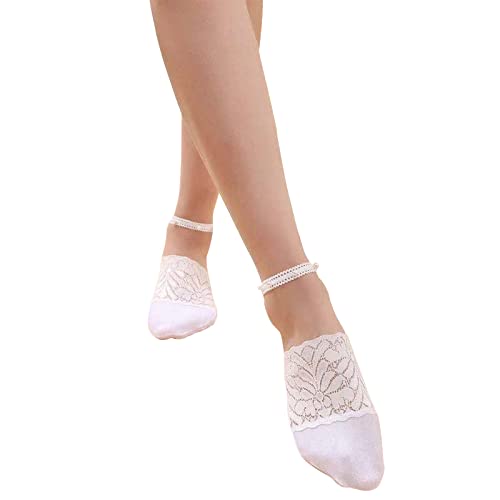 Perlen-Spitzen-Socken Damen, Kunstperlen-Dekor, unsichtbare Socken, Blätter, Spitze, Ballerina Socken, dünne Damen-Spitzen-Bootssocken, Hohle, rutschfeste, Sommer Flache Socken(Weiß, Einheitsgröße) von Sunnyuk