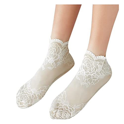 Perlen-Spitzen-Socken Damen, Kunstperlen-Dekor, unsichtbare Socken, Blätter, Spitze, Ballerina Socken, dünne Damen-Spitzen-Bootssocken, Hohle, rutschfeste, Flache Socken(Y Weiß2, Einheitsgröße) von Sunnyuk