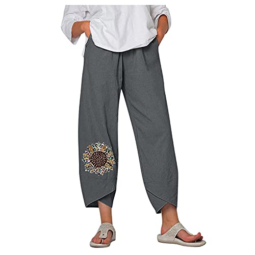 Sunnyuk Sommer Leinenhose 7/8 Lang Leicht: Stretch Hosen Atmungsaktiv Löwenzahn Druck Freizeithose Leinen Hose Große Größen Stoffhose Elastischer Bund Caprihose Strandhose mit Taschen von Sunnyuk