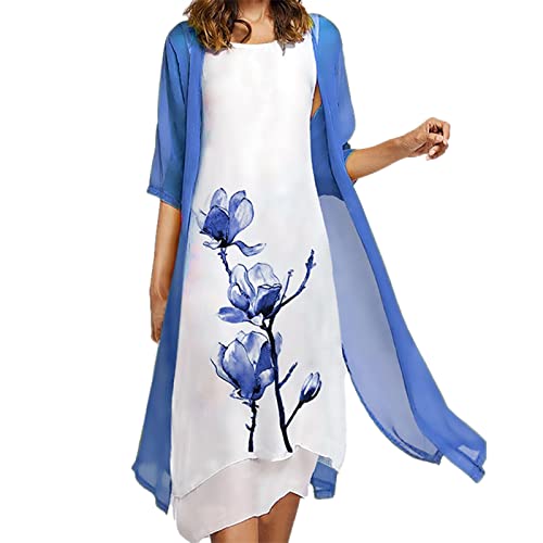 Sunnyuk Sommerkleid Damen Elegant Damen Abendkleid Lang zweiteiliges Set, Ärmelloses Kleid mit Blumendruck und Rundhalsausschnitt, einfarbige dünne Jacke, Abendkleider Elegant für Hochzeit von Sunnyuk