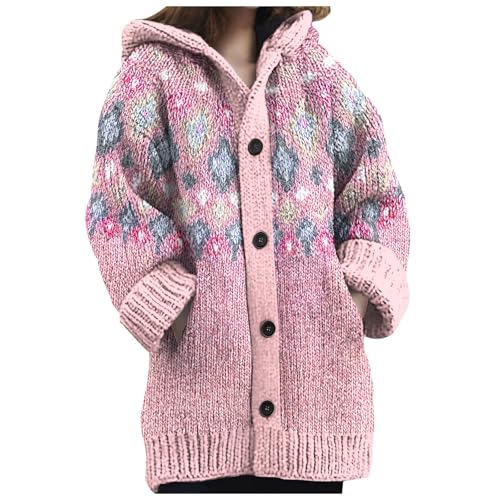 Sunnyuk Strickjacke Damen Bunt Lang, Norweger Strickjacke Damen Winter Grobstrick mit Kapuze Cardigan - Alpaka Bunt Lang Strickpullover Kapuzenjacke Knöpfen Mohair Jacquard Sweatshirt Warm von Sunnyuk
