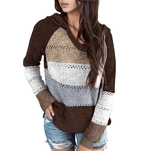 Sunnyuk Strickpullover Damen Gestreift Farbblock Kapuzenpullover V Auschnitt Hoodie Entspannt Sweatjacke Sweatshirt mit Kapuze Pulli Herbst Winter Oberteile Langarm Pullover Tops von Sunnyuk