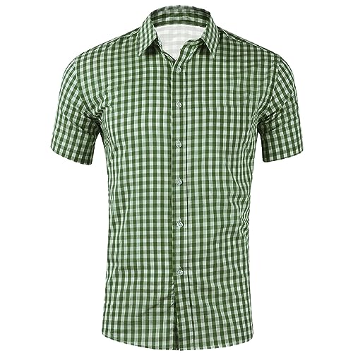 Sunnyuk Kariertes Hemd, Trachtenhemd Herren Kurzarm Oktoberfest - Herrenhemden Slim Fit Grün Trachten Hemd Button Up Karohemd Freizeithemd Festival Oktoberfest Outfit von Sunnyuk