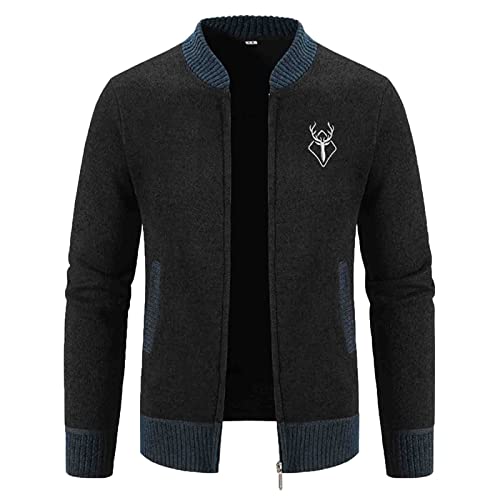 Sunnyuk Trachtenjanker für Herren Schwarz, Trachtenjacke Herren Strick Beige Langarm Strickjacke Cardigan Modern Ohne Kapuze mit Reißverschluss Sweatjacke Wintermantel Lang Sportlich Warm von Sunnyuk