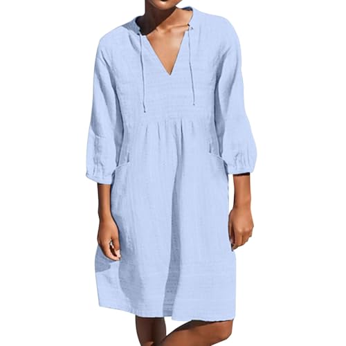 Sunnyuk Tunika Kleid Damen Sommer, Musselin Kleid Damen Sommer Musselin Bluse Longbluse V-Ausschnitt 3/4 Ärmel Hemdkleid Elegant Tunika Kleid für Frauen Mädchen Freizeitkleid Locker Luftig Midikleid von Sunnyuk