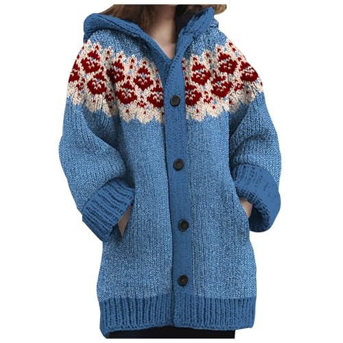 Sunnyuk Weihnachts Strickjacke Damen Lang, Norweger Strickjacke Damen Winter Grobstrick mit Kapuze Cardigan - Alpaka Bunt Lang Strickpullover Kapuzenjacke Knöpfen Mohair Jacquard Sweatshirt Warm von Sunnyuk