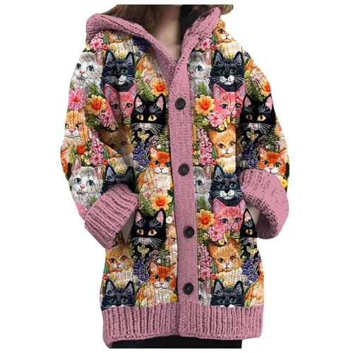 Sunnyuk Weihnachts Strickjacke Damen Lang, Norweger Strickjacke Damen Winter Grobstrick mit Kapuze Cardigan - Alpaka Bunt Lang Strickpullover Kapuzenjacke Knöpfen Mohair Jacquard Sweatshirt Warm von Sunnyuk