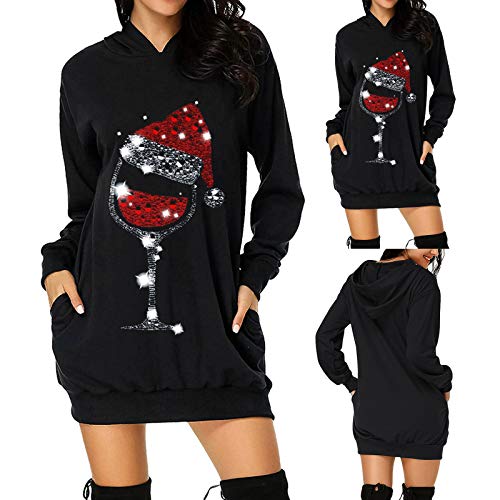 Weihnachtskleid Damen Lustig, Weihnachts Hoodie Kleid Hässlicher Weihnachtspullover Ugly Weihnachtskleider Festlich Kleid Weihnachten Mädchen Rentier Print Pulloverkleid Lang Weihnachtspulli von Sunnyuk