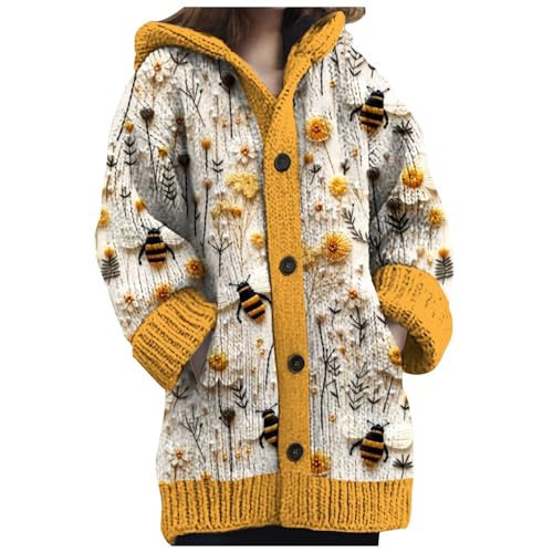 Sunnyuk Wolljacke Damen Lang Winter, Norweger Strickjacke Damen Winter Grobstrick mit Kapuze Cardigan - Alpaka Bunt Lang Strickpullover Kapuzenjacke Knöpfen Mohair Jacquard Sweatshirt Warm von Sunnyuk