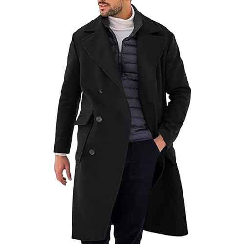 Trenchcoat Herren Lang Braun, Mantel Herren Lange Jacke Slim Fit Casual Wollmantel Wintermantel Kerbkragen mit Knopfleiste Trenchcoat Herrenmantel Winter Warme Oberbekleidung Schwarz Einreiher von Sunnyuk