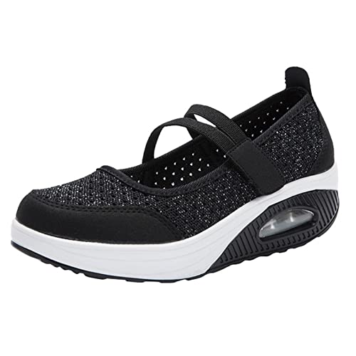 Turnschuhe Damen Schwarz Versteckte Keilabsatz Sportlich Schuhe Sneaker Frauen Leichte Sportschuhe Klett Sneaker Freizeitschuhe Hallenschuhe Damenschuhe für Schule Walking Fitness Gym Sport von Sunnyuk