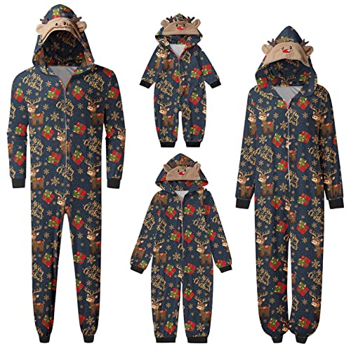 Weihnachten Pyjama Familien Damen Herren Kinder Jumpsuit Kuschelig Hoodie mit Reißverschluss Kapuze Weihnachts Schlafanzug Set Einteiler Nachtwäsche Overall Hausanzug für die ganze Familie von Sunnyuk