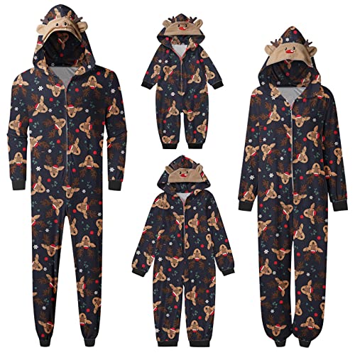 Weihnachten Pyjama Familien Damen Herren Kinder Jumpsuit Kuschelig Hoodie mit Reißverschluss Kapuze Weihnachts Schlafanzug Set Einteiler Nachtwäsche Overall Hausanzug für die ganze Familie von Sunnyuk