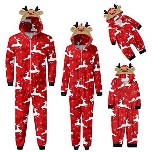 Weihnachten Pyjama Familien Damen Herren Kinder Jumpsuit Kuschelig Hoodie mit Reißverschluss Kapuze Weihnachts Schlafanzug Set Einteiler Nachtwäsche Overall Hausanzug für die ganze Familie von Sunnyuk