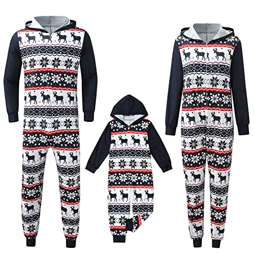 Weihnachten Pyjama Familien Damen Herren Kinder Jumpsuit Kuschelig Hoodie mit Reißverschluss Kapuze Weihnachts Schlafanzug Set Einteiler Nachtwäsche Overall Hausanzug für die ganze Familie von Sunnyuk