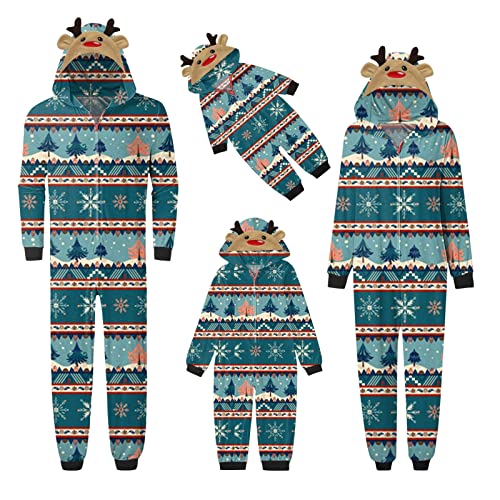 Weihnachten Pyjama Familien Damen Herren Kinder Jumpsuit Kuschelig Hoodie mit Reißverschluss Kapuze Weihnachts Schlafanzug Set Einteiler Nachtwäsche Overall Hausanzug für die ganze Familie von Sunnyuk