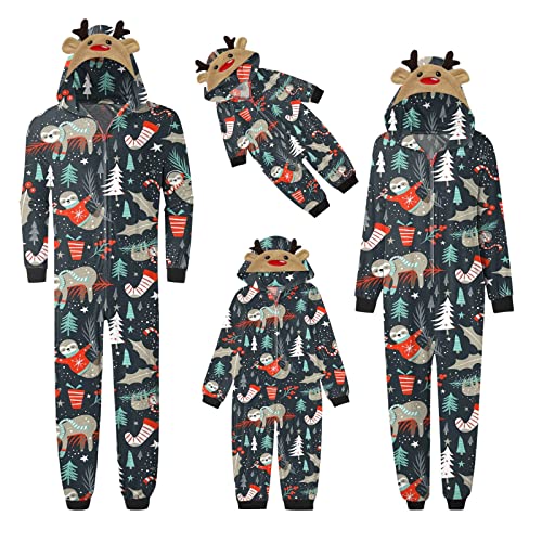 Weihnachten Pyjama Familien Damen Herren Kinder Jumpsuit Kuschelig Hoodie mit Reißverschluss Kapuze Weihnachts Schlafanzug Set Einteiler Nachtwäsche Overall Hausanzug für die ganze Familie von Sunnyuk