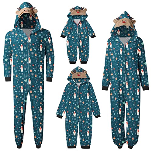 Weihnachten Pyjama Familien Damen Herren Kinder Jumpsuit Kuschelig Hoodie mit Reißverschluss Kapuze Weihnachts Schlafanzug Set Einteiler Nachtwäsche Overall Hausanzug für die ganze Familie von Sunnyuk
