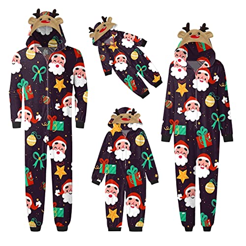 Weihnachten Pyjama Familien Damen Herren Kinder Jumpsuit Kuschelig Hoodie mit Reißverschluss Kapuze Weihnachts Schlafanzug Set Einteiler Nachtwäsche Overall Hausanzug für die ganze Familie von Sunnyuk