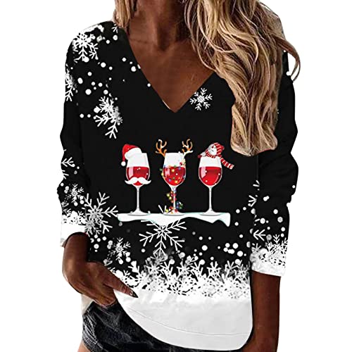 Weihnachtspullover Damen Oversize Pullover Sommer 3/4 Arm Langarm Bedrucktes Sweater Sweatshirt Damen Weiss Oversize Herbst Winter Langarmshirt V-Ausschnitt Eng Locker Oberteil Bluse Top Frauen von Sunnyuk