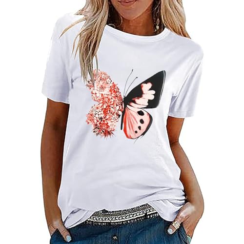 Weiss Tshirt Damen Baumwolle mit Druck Sommer Basic T-Shirt Bedrucken Rundhalsausschnitt Weiß T Shirt Oberteile Casual Locker Kurzarm Bluse Tops Sportshirt Ausgefallene Tshirts von Sunnyuk