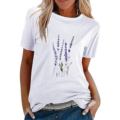 Weiss Tshirt Damen Baumwolle mit Druck Sommer Basic T-Shirt Bedrucken Rundhalsausschnitt Weiß T Shirt Oberteile Casual Locker Kurzarm Bluse Tops Sportshirt Ausgefallene Tshirts von Sunnyuk