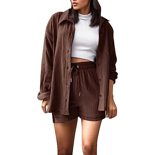 outfit damen set lässig, Zweiteiler Damen Sommer Outfits Musselin Bluse und Shorts, Aesthetic 2 Teiler Lounge Set Elegant Baumwolle Sportanzug Oversize Hosenanzug Langarm Hausanzug Y2K Clothes von Sunnyuk