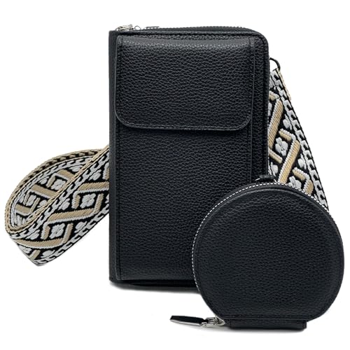 Sunolkie Handytasche zum Umhängen Damen - Kleine Umhängetasche für Damen Stylisch Crossbag Breitem Schultergurt Leder Schultertasche mit Münztasche (Schwarz) von Sunolkie
