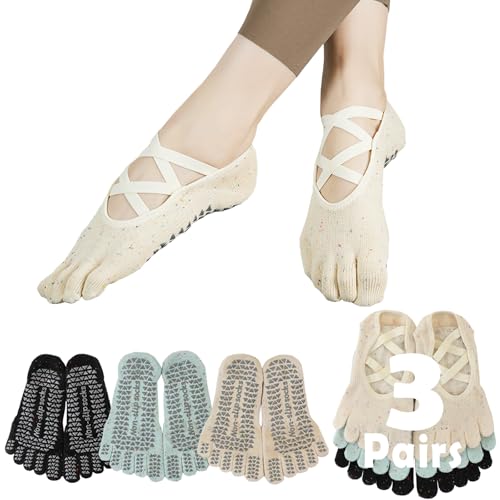 Sunolkie Rutschfeste Pilates yoga socken für Damen 5 Finger Yoga Grip Trainingssocken Griffe und rutschfeste Riemen, 3 Paar, Hellgelb + Hellgrün + Schwarz, One size von Sunolkie