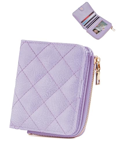 Sunpour Kleine RFID Brieftasche Damen, Schlanke Bifold Kartenbörse mit Reißverschluss-Münzfach und 2 Ausweisfenstern (Lila) von Sunpour