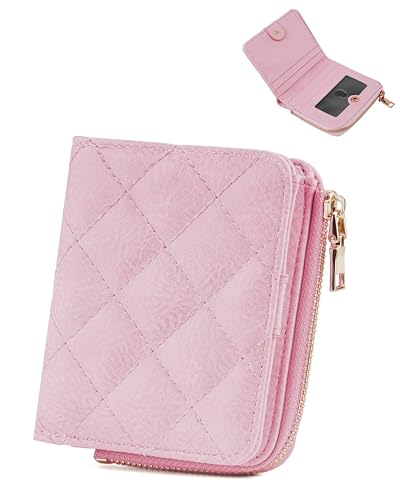 Sunpour Kleine RFID Brieftasche Damen, Schlanke Bifold Kartenbörse mit Reißverschluss-Münzfach und 2 Ausweisfenstern (Rosa) von Sunpour