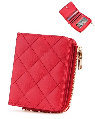 Sunpour Kleine RFID Brieftasche Damen, Schlanke Bifold Kartenbörse mit Reißverschluss-Münzfach und 2 Ausweisfenstern (Rot) von Sunpour