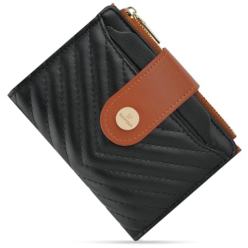 Sunpour Portemonnaie Damen Klein RFID–Mittelgroße Geldbörse aus Leder mit Kartenfächern,Münzfach mit Reißverschluss&Abnehmbarem Ausweisetui–Kompaktes Portmonee Damen für Alltag&Reise (Braun&Schwarz) von Sunpour