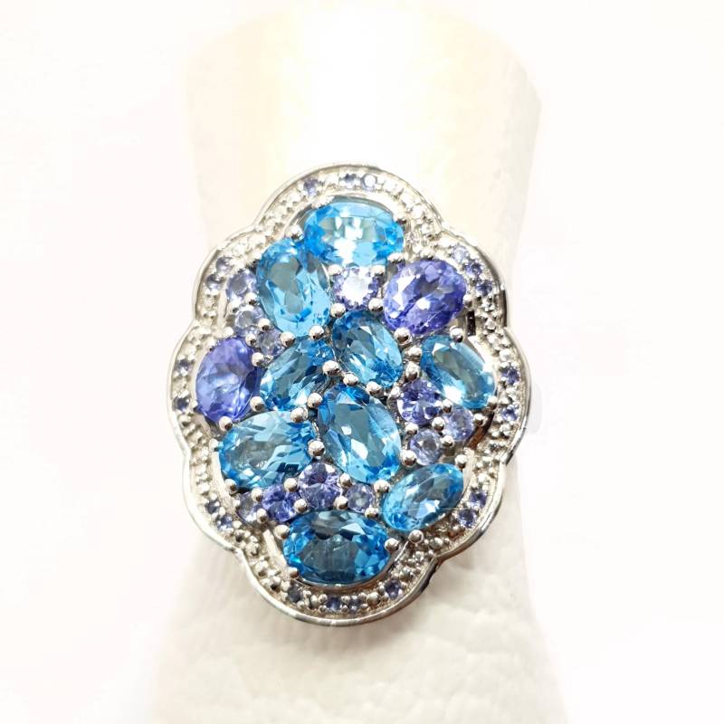 Natürlicher Multi Edelstein Ring-Natürliche Schweizer Blau Topas Und Tansanit Ring-925 Sterling Silber-Big Cocktail Ring-Dezember Birthstone Ring von SunriseJewelsStore