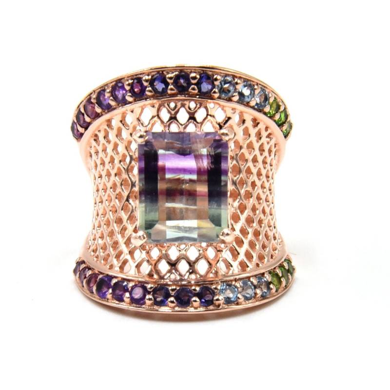 Natürlicher Multi-Edelsteinring, Exklusiver Achteckiger Bi-Fluorit-Ring in Roségold Über Sterlingsilber von SunriseJewelsStore