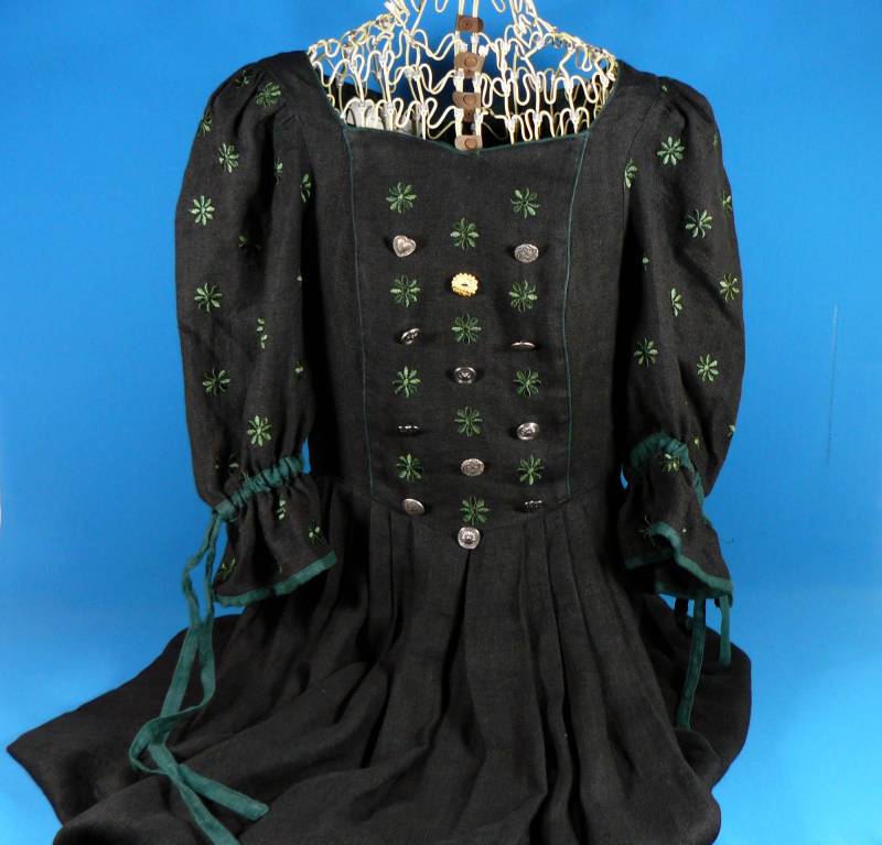 Vintage Landhaus-Kleid Frankonias Country Leinen Schwarz-Grün Gr.38 von SunriseVintageDE