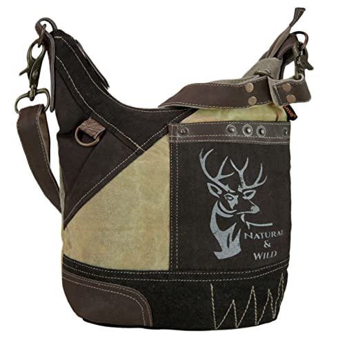 Sunsa Damen Canvas mit Leder Umhängetasche. Reh Druckmotiv, braune Hobo Tasche,Crossbody Bag/Crossover Damentasche in Vintage look von Sunsa