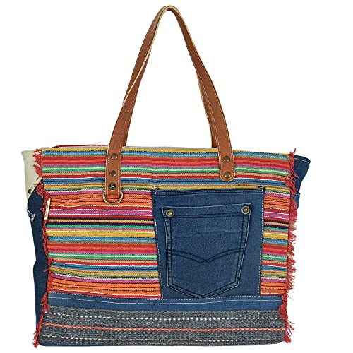 Sunsa Damen Handtasche. Nachhaltige XXL Schultertasche aus recycelte Jeans Baumwolle & Leder. Weekender/Sporttasche in Vintage Retro Stil. Große Shopper als Geschenkideen für Frauen von Sunsa