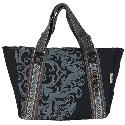 Sunsa Damen Handtasche. Schwarze Shopper in Vintage Stil. Schultertasche aus Canvas. Große Vegane Tasche mit Mandala Design. Geschenk für Frauen von Sunsa