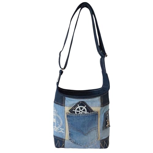 Sunsa Damen Tasche. Umhängetasche aus recycelte Jeans Canvas und Leder. Hobo Jeanstasche. Nachhaltige Schultertasche. Vintage Crossbody Damentasche. Taschen für Sie/Ihn (jeans blau) von Sunsa