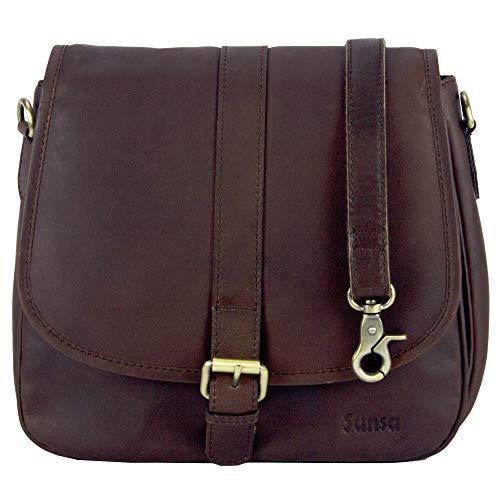 Sunsa Damen Kleine Umhängetasche Ledertasche Schultertasche Trachtentasche Damentasche Crossbody Bag Frauentasche Leder Tasche Mädchentasche Handtasche Lederumhängetasche braun von Sunsa