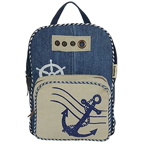 Sunsa Damen Rucksack. Nachhaltige Backpack aus recycelte Jeans, Canvas & Leder. Maritim Ankermotiv Daypack kleine Cityrucksack. Freizeitrucksack als Geschenkidee für Meerliebhaber. von Sunsa